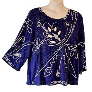Objects D'Art Navy Stretch Tunic Heavily Embroidered Art to Wear Plus Size 2X